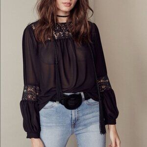 REVOLVE For Love & Lemons Sacramento Blouse Black Sheer Lace Long Sleeves Small